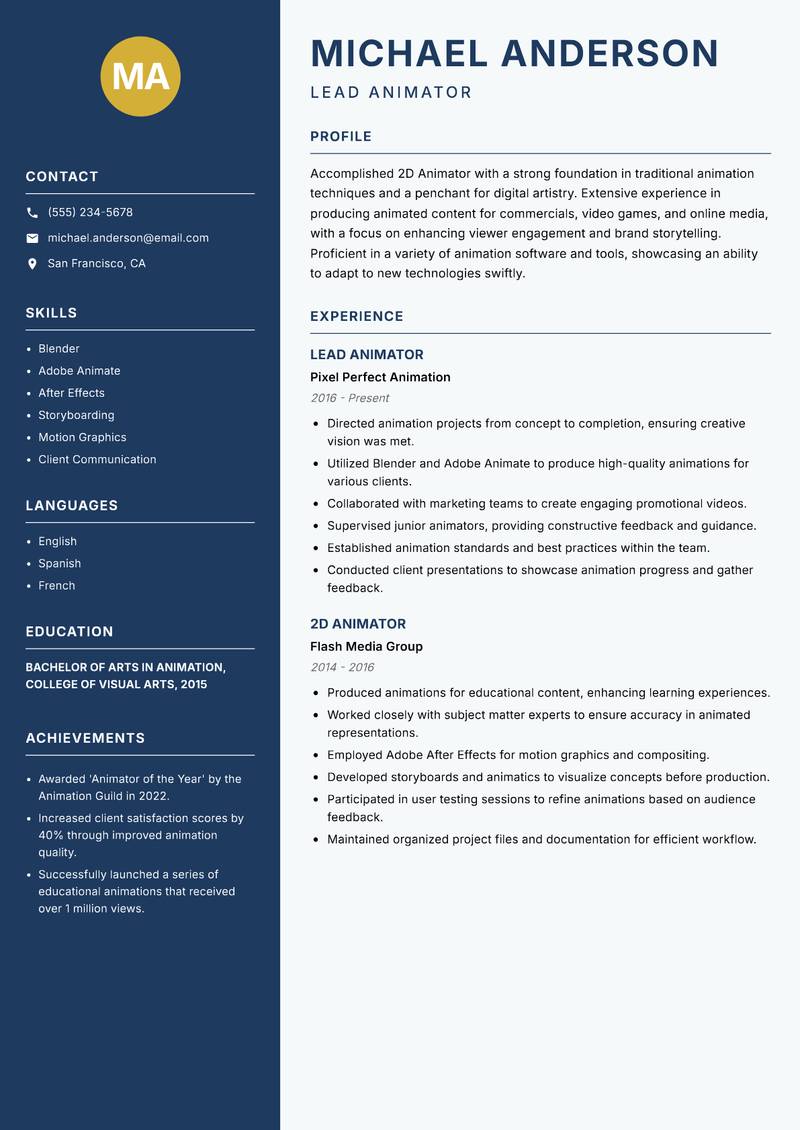 2D Animator resume template — Classic Clean