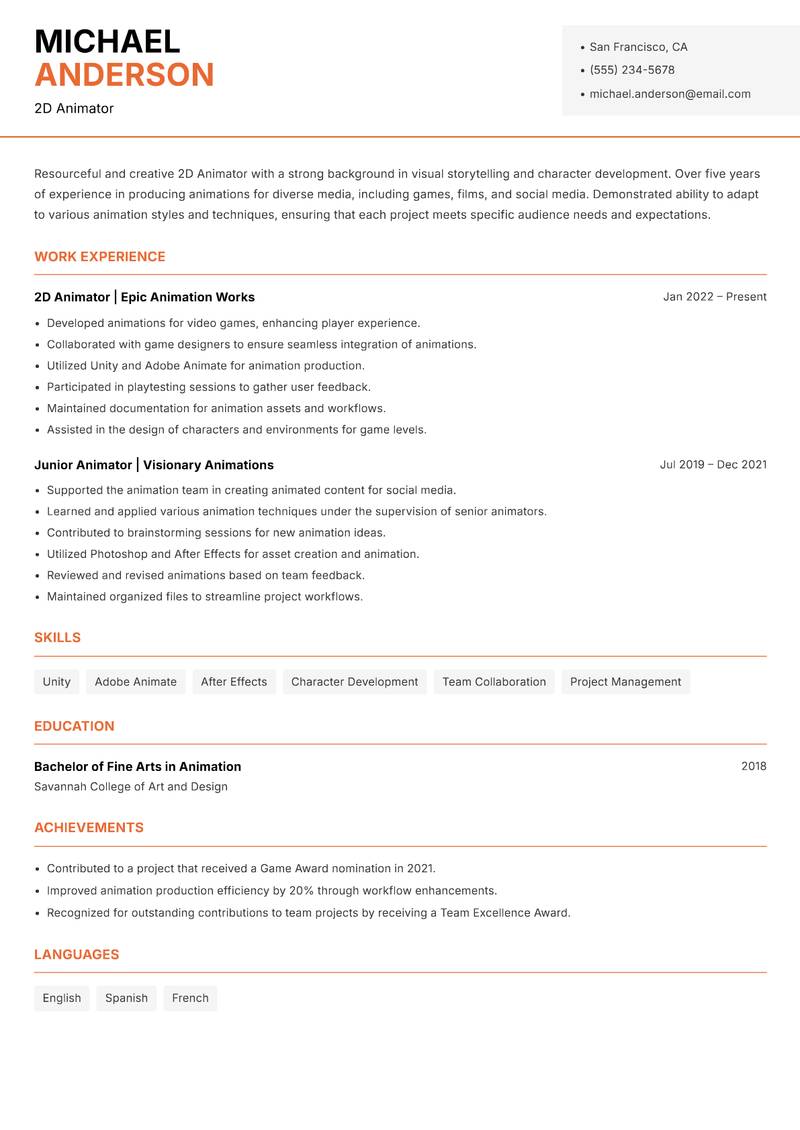 2D Animator resume template — Modern Professional