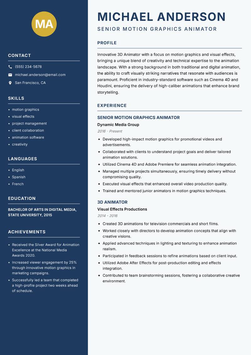 3D Animator resume template — Classic Clean