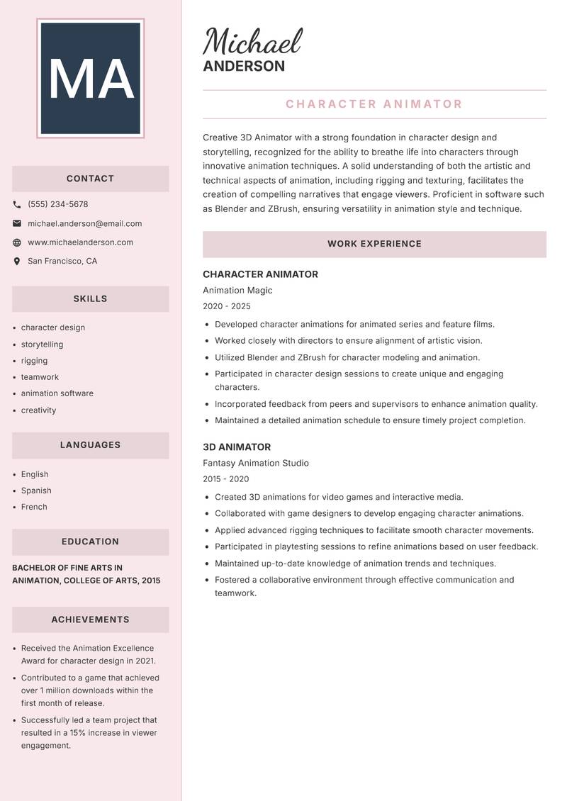3D Animator resume template — Executive
