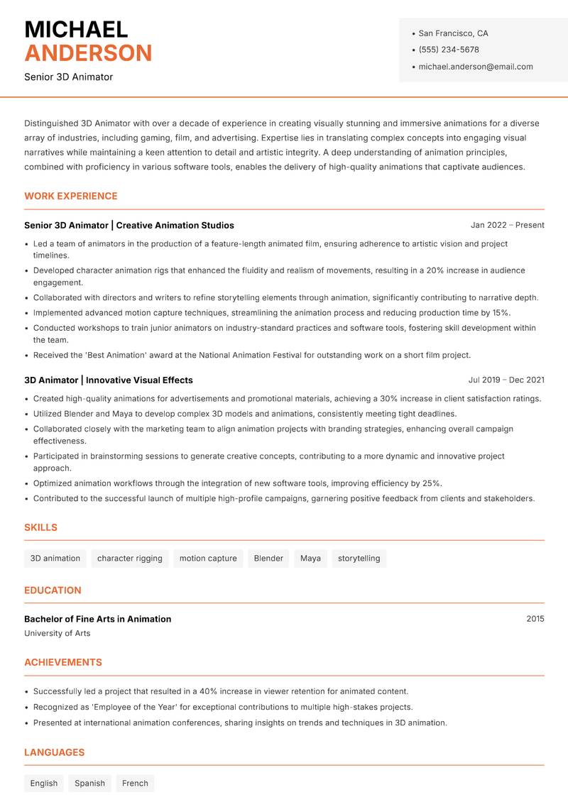 3D Animator resume template — Modern Professional