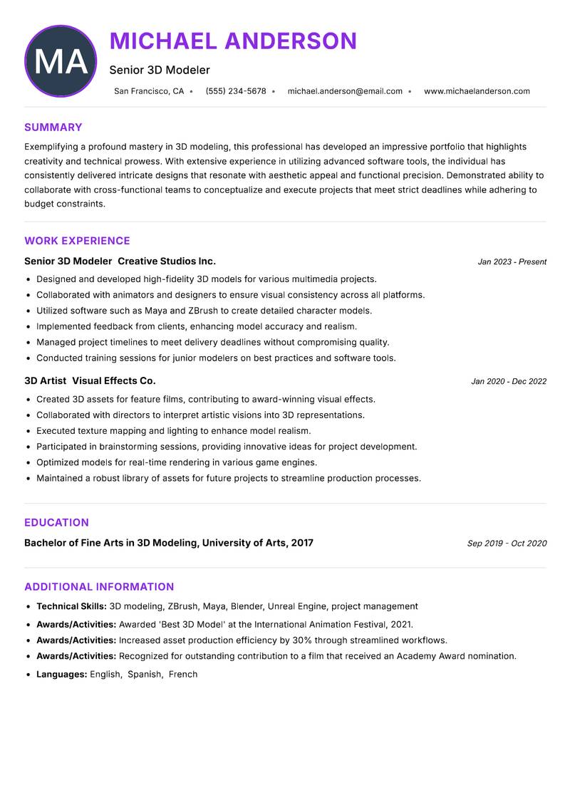 3D Modeler resume example — ATS-friendly template