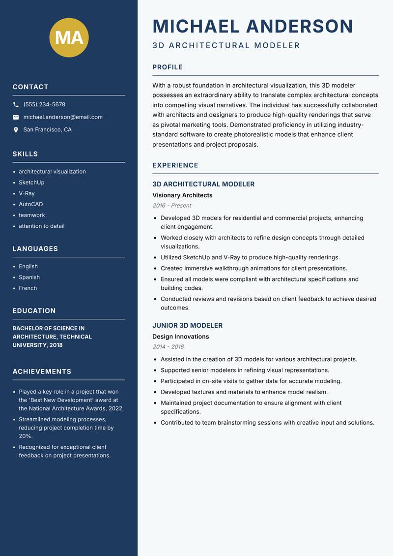 3D Modeler resume template — Classic Clean