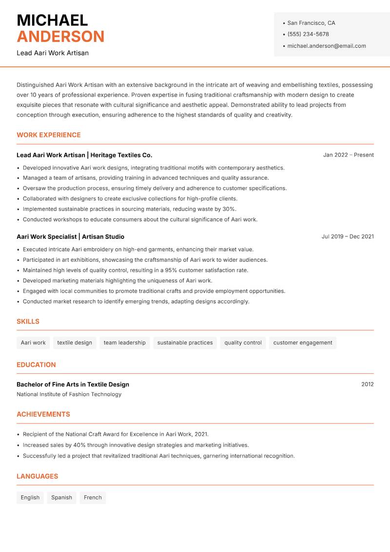Aari Work Artisan resume template — Modern Professional