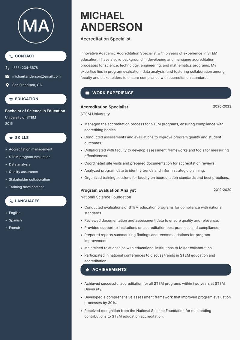 Academic Accreditation Specialist resume template — Compact