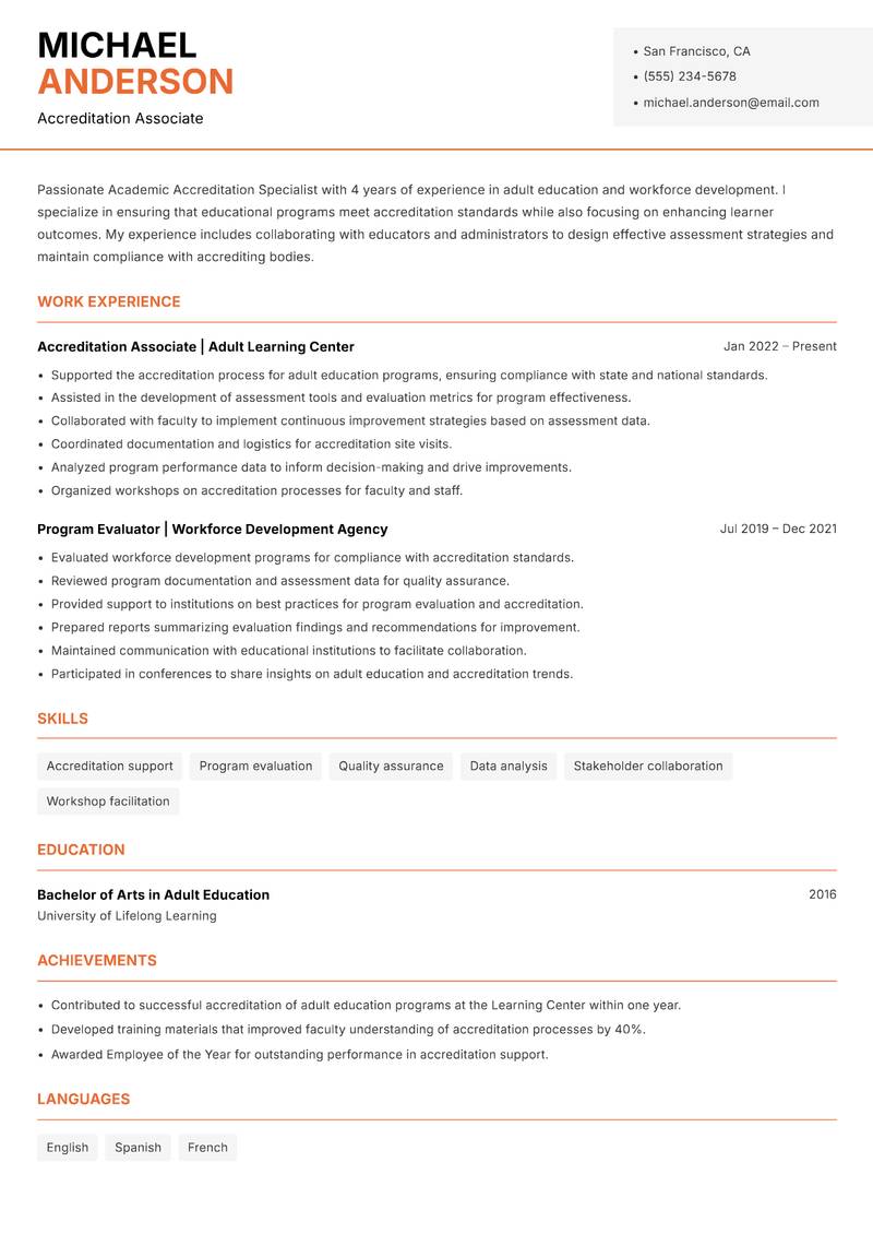 Academic Accreditation Specialist resume template — Modern Professional