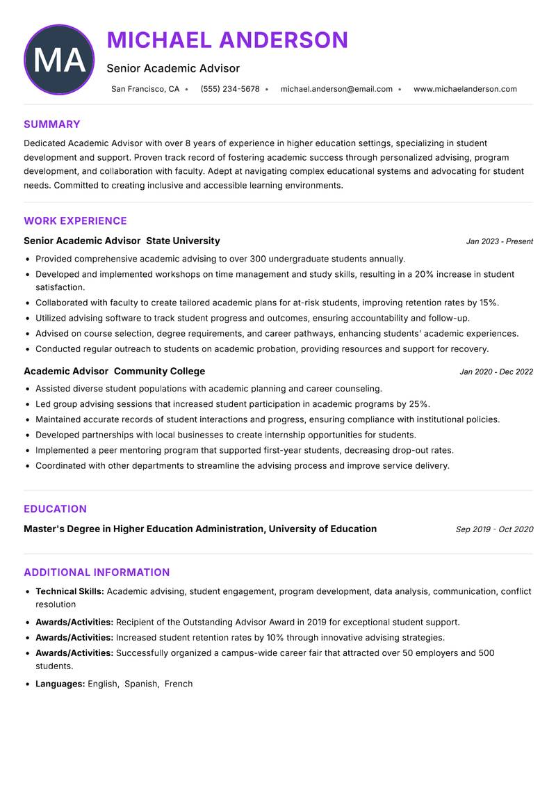 Academic Advisor resume example — ATS-friendly template
