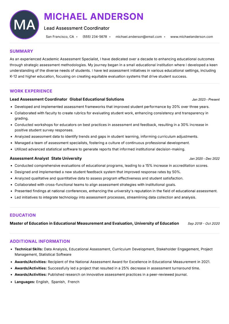 Academic Assessment Specialist resume example — ATS-friendly template