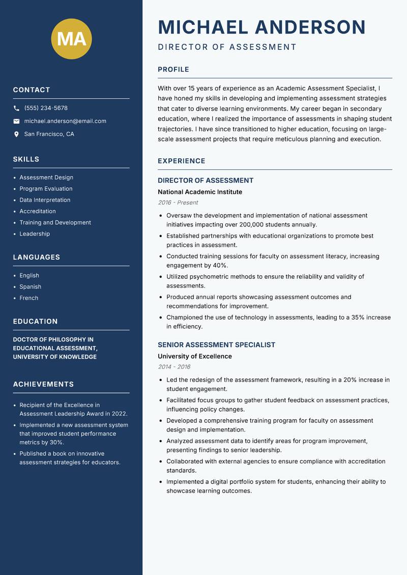 Academic Assessment Specialist resume template — Classic Clean