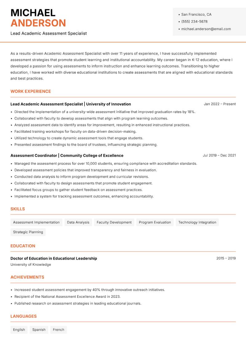Academic Assessment Specialist resume template — Modern Professional