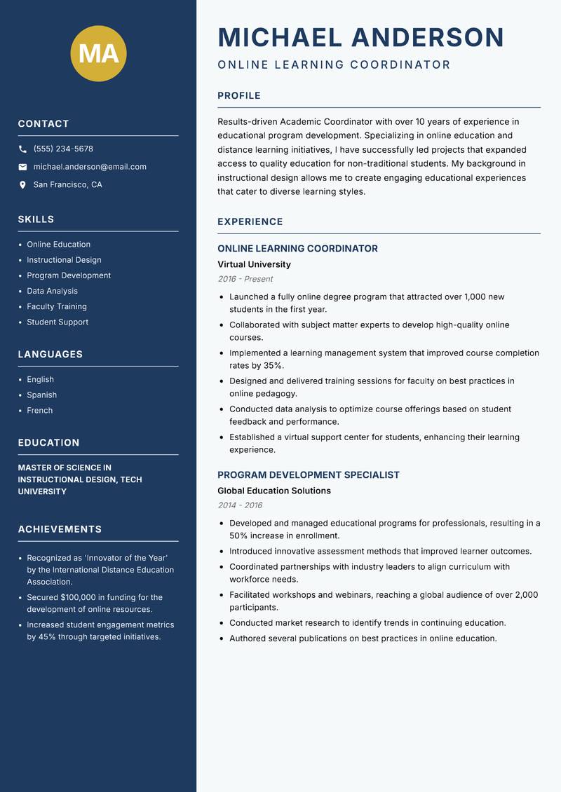 Academic Coordinator resume template — Classic Clean