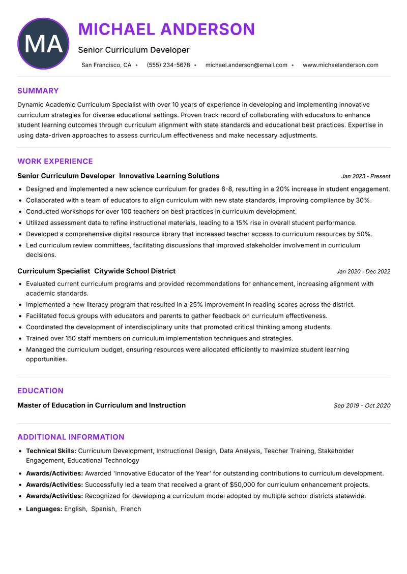 Academic Curriculum Specialist resume example — Curriculum & Assessment