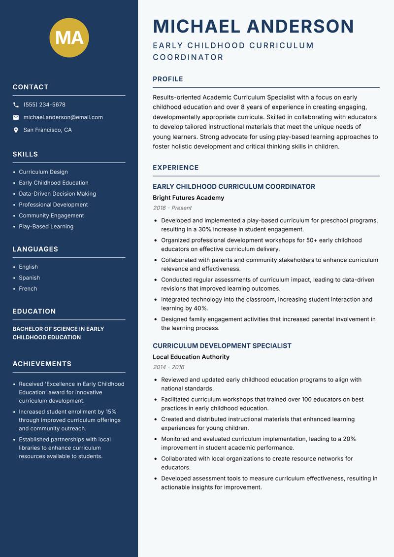 Academic Curriculum Specialist resume template — Classic Clean