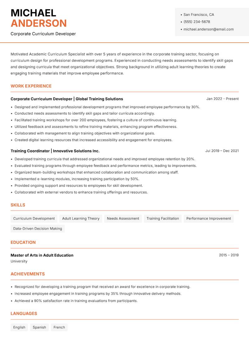 Academic Curriculum Specialist resume template — Modern Professional