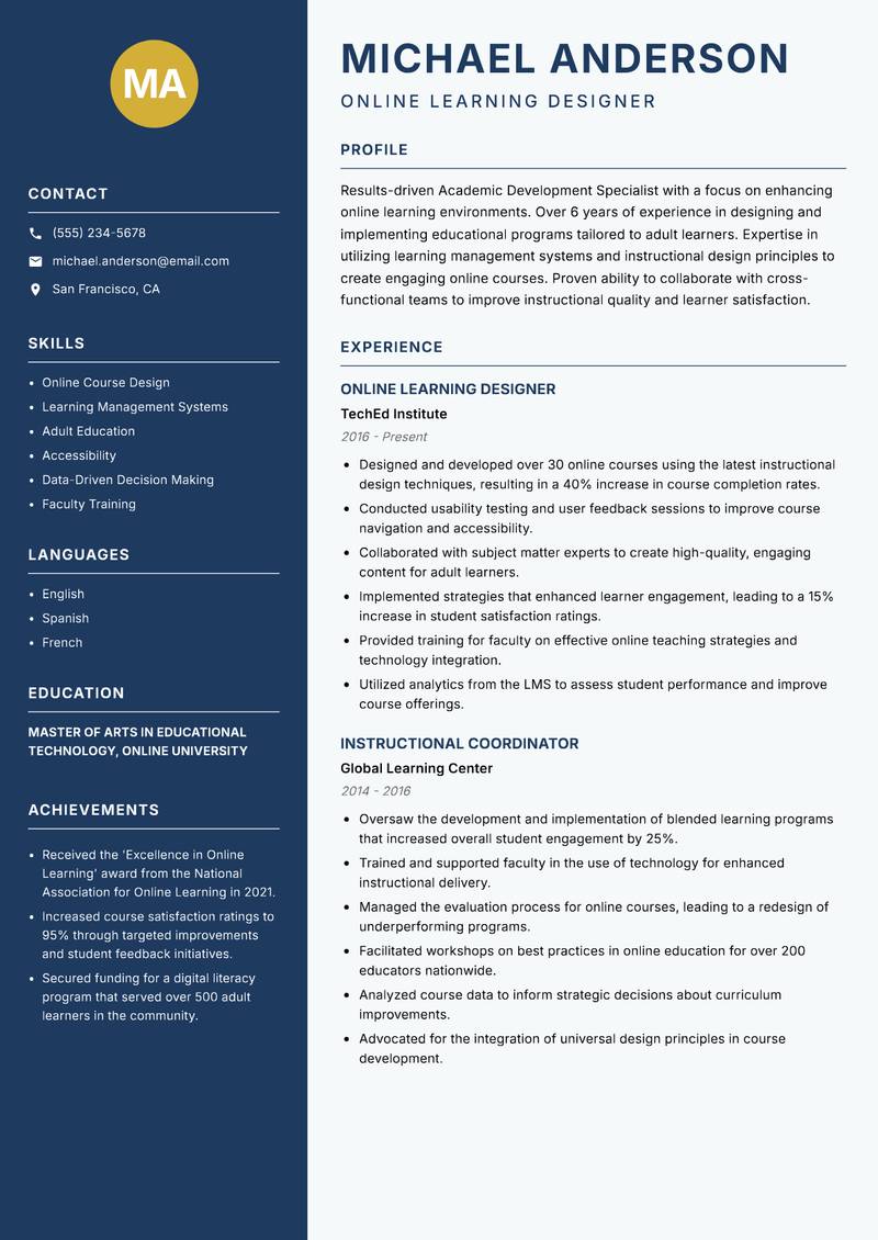 Academic Development Specialist resume template — Classic Clean