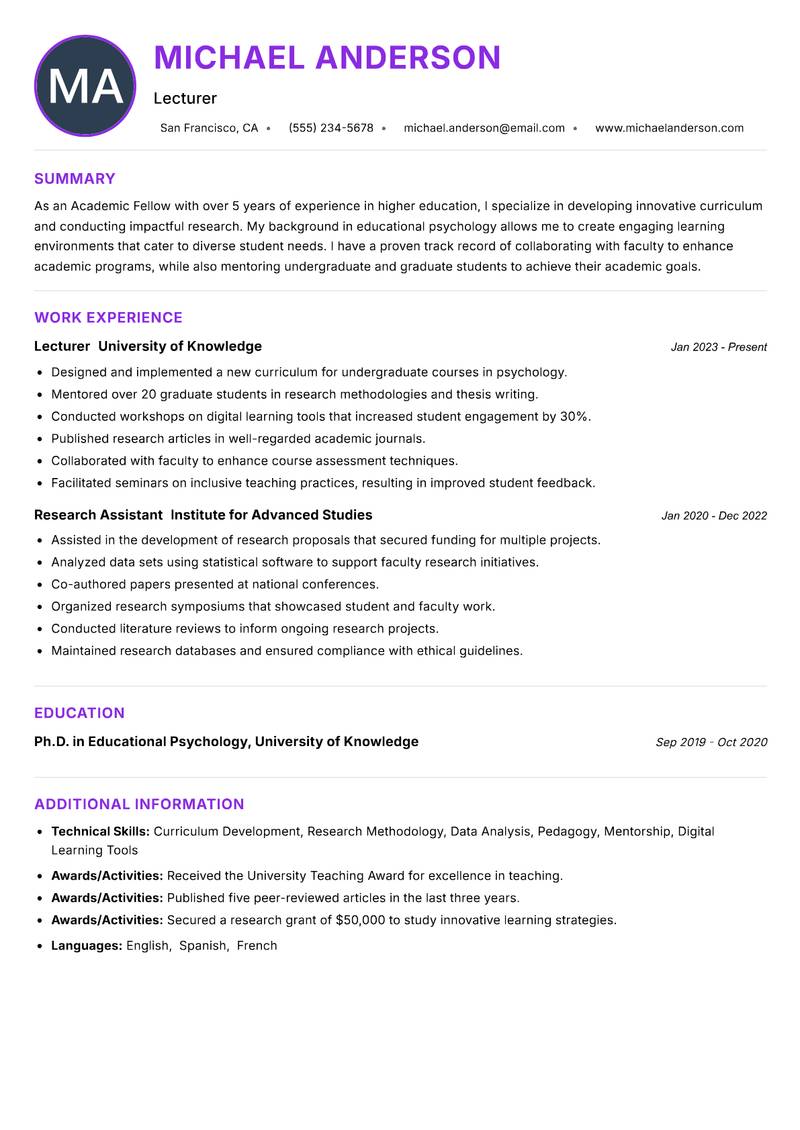 Academic Fellow resume example — ATS-friendly template