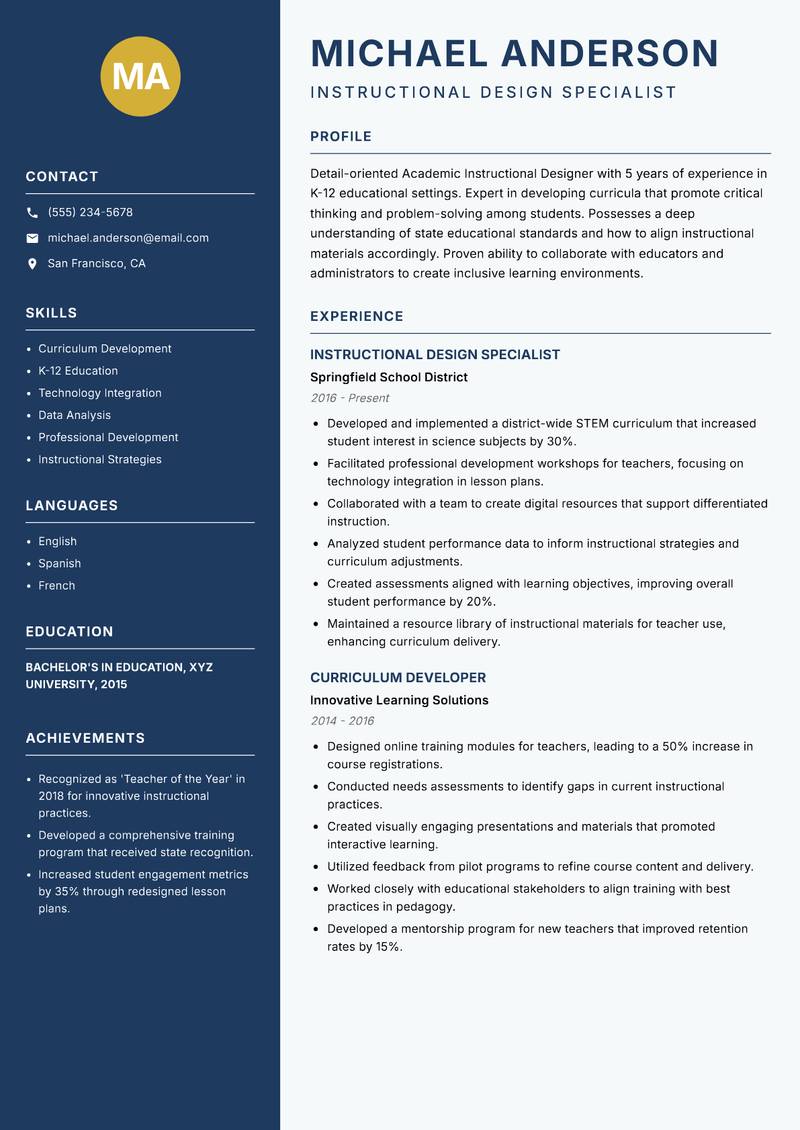 Academic Instructional Designer resume template — Classic Clean