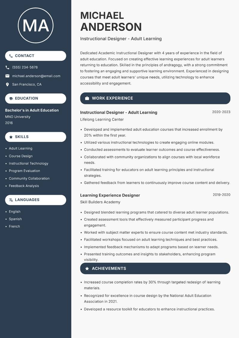 Academic Instructional Designer resume template — Compact