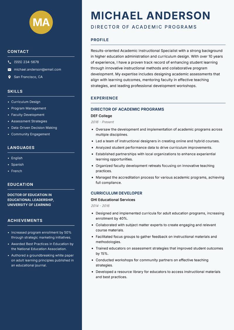 Academic Instructional Specialist resume template — Classic Clean