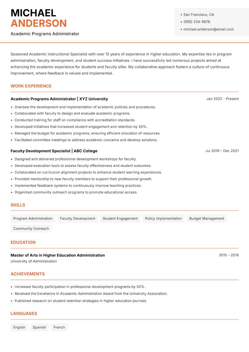 Academic Instructional Specialist resume template — Modern Professional