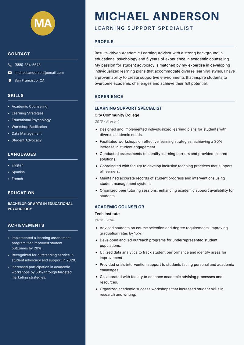 Academic Learning Advisor resume template — Classic Clean