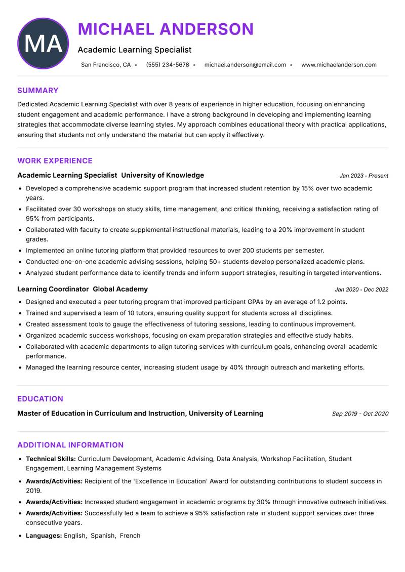 Academic Learning Specialist resume example — ATS-friendly template