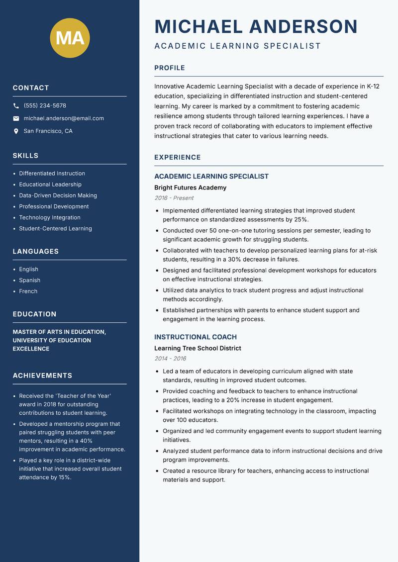 Academic Learning Specialist resume template — Classic Clean
