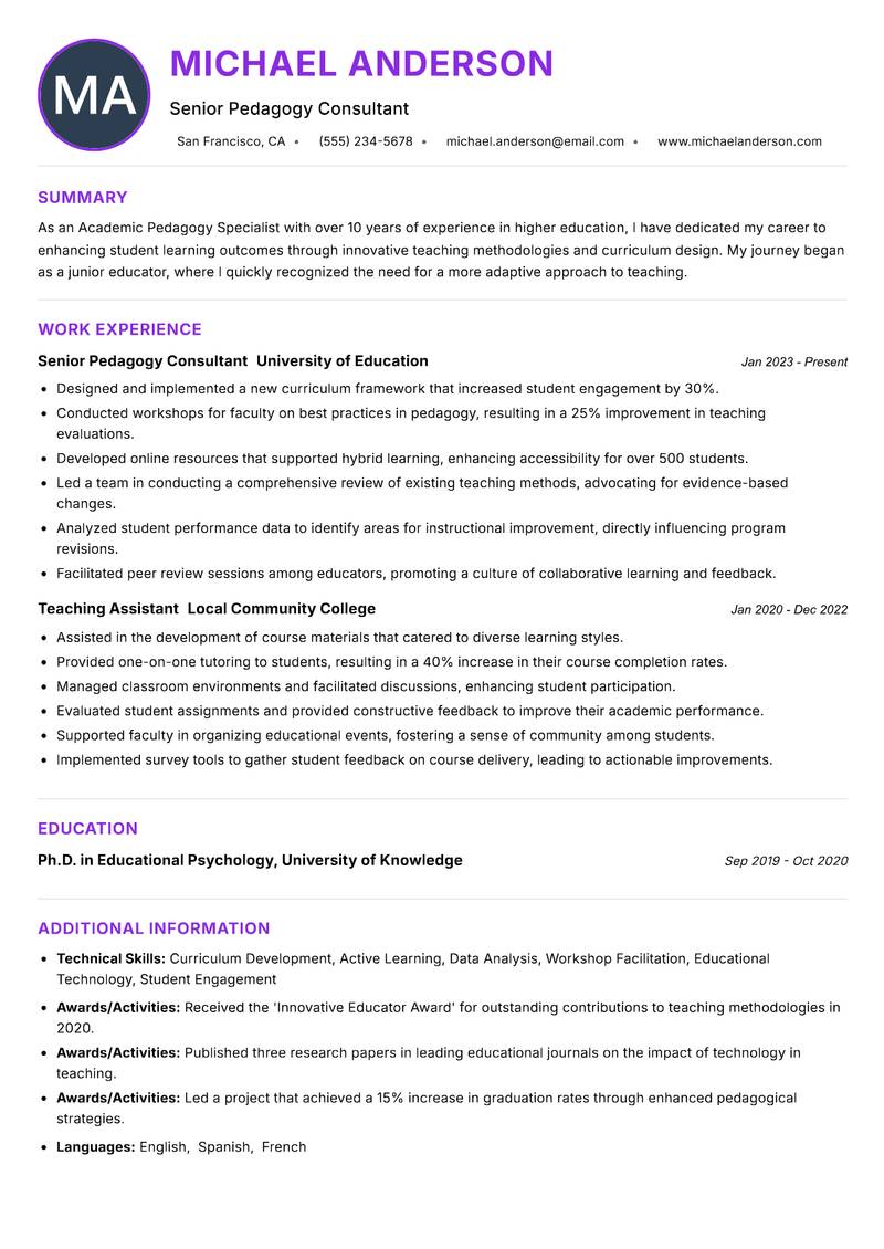 Academic Pedagogy Specialist resume example — ATS-friendly template
