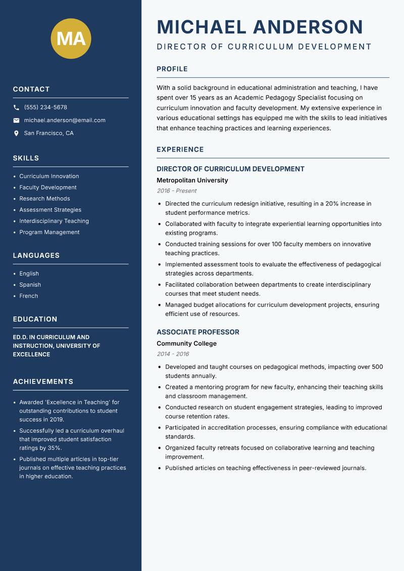 Academic Pedagogy Specialist resume template — Classic Clean