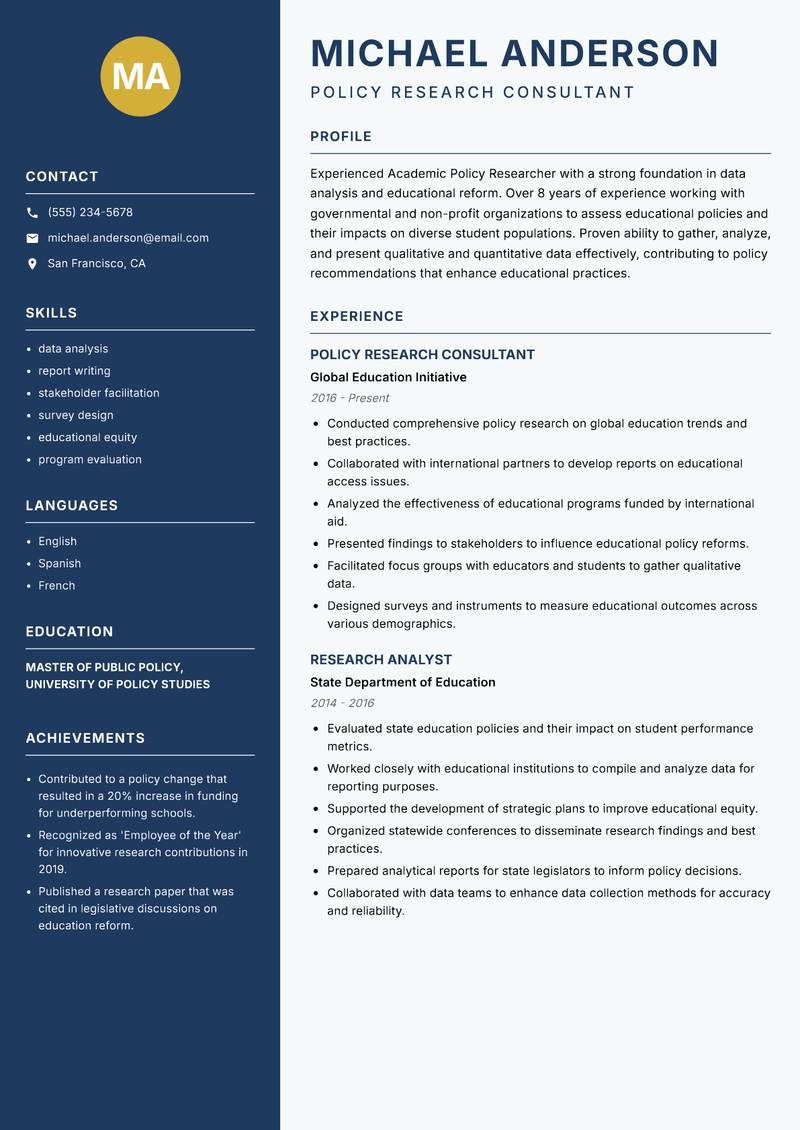 Academic Policy Researcher resume template — Classic Clean