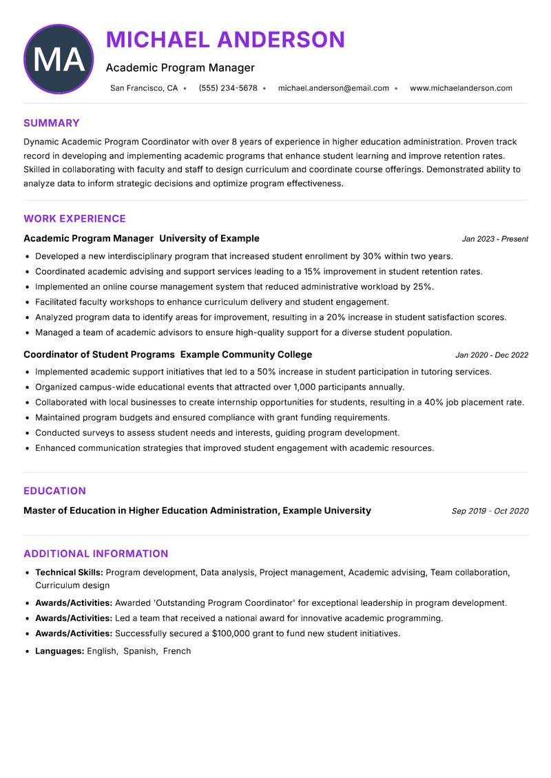 Academic Program Coordinator resume example — ATS-friendly template