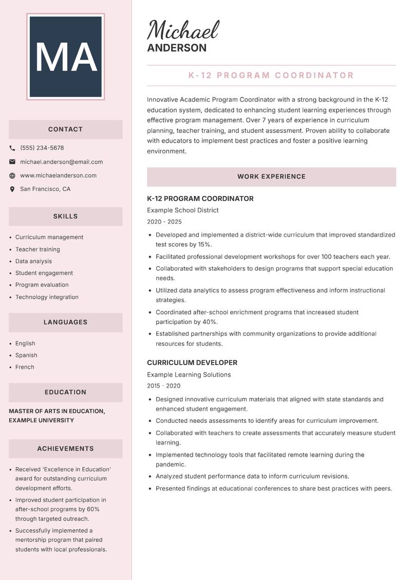 Academic Program Coordinator resume template — Executive