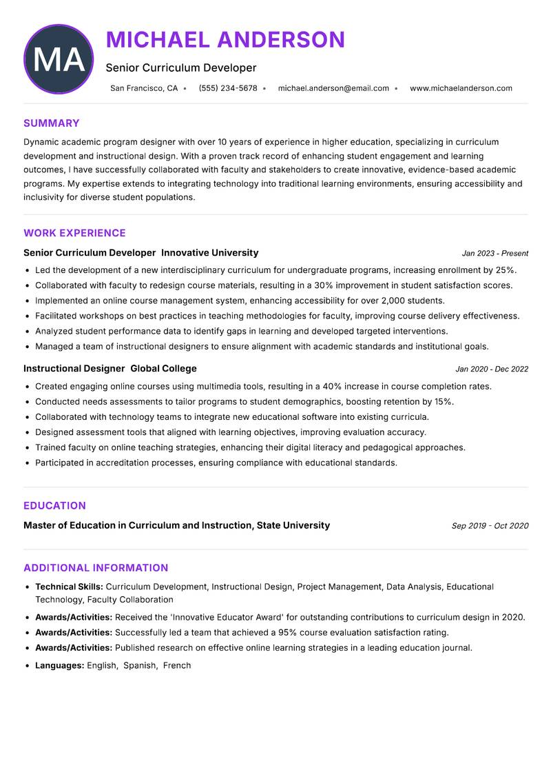 Academic Program Designer resume example — ATS-friendly template