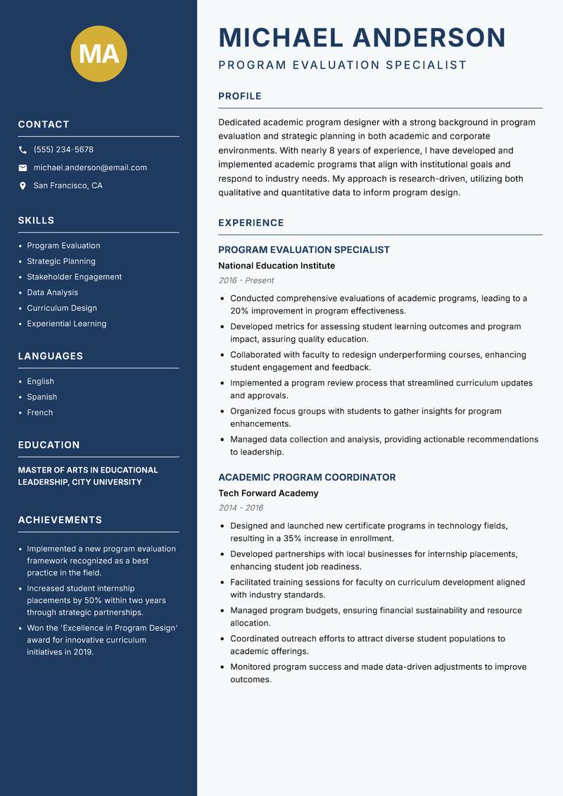 Academic Program Designer resume template — Classic Clean