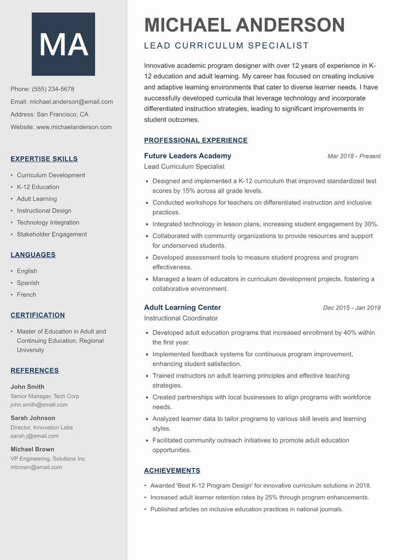Academic Program Designer resume template — Creative Minimal