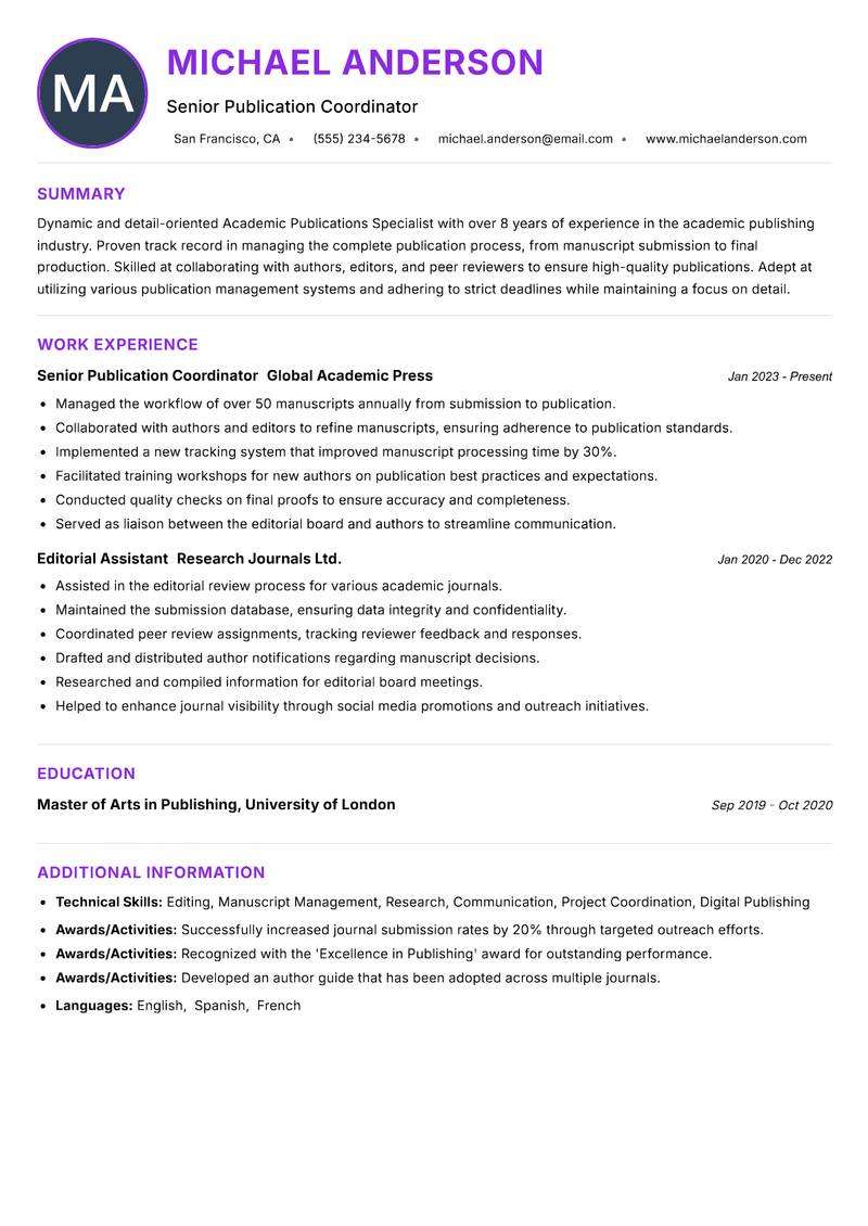 Academic Publications Specialist resume example — ATS-friendly template