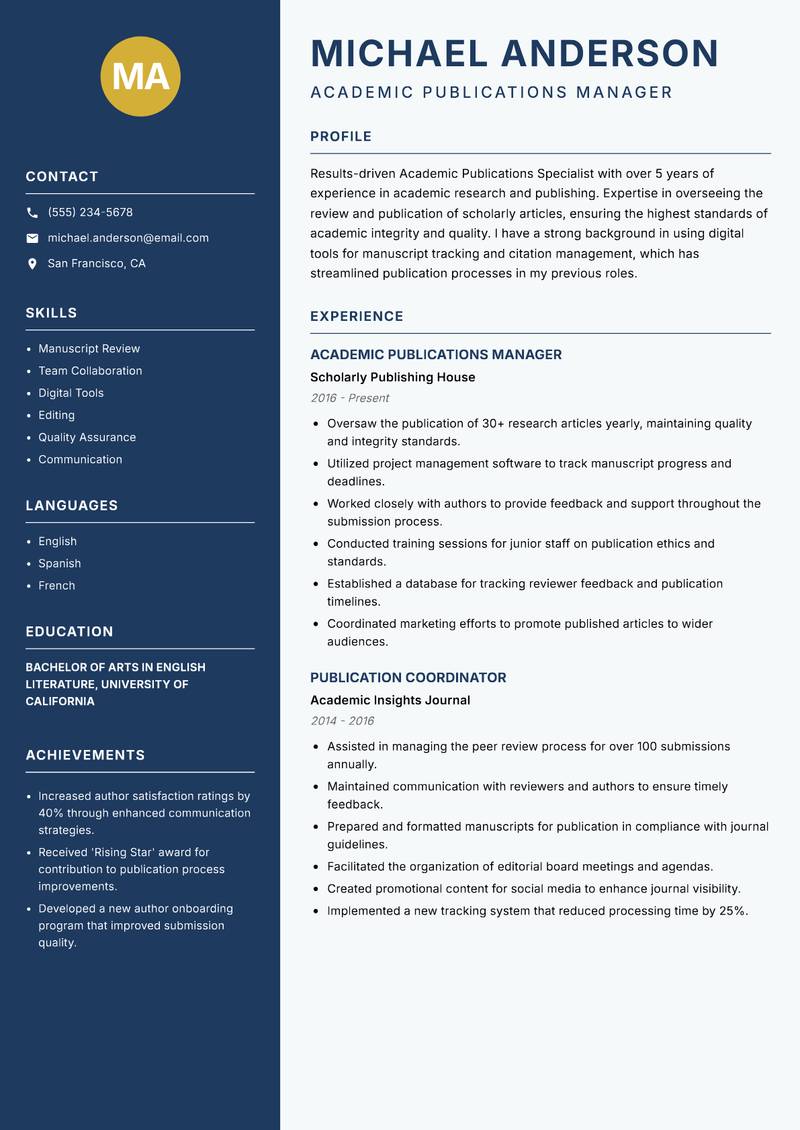 Academic Publications Specialist resume template — Classic Clean