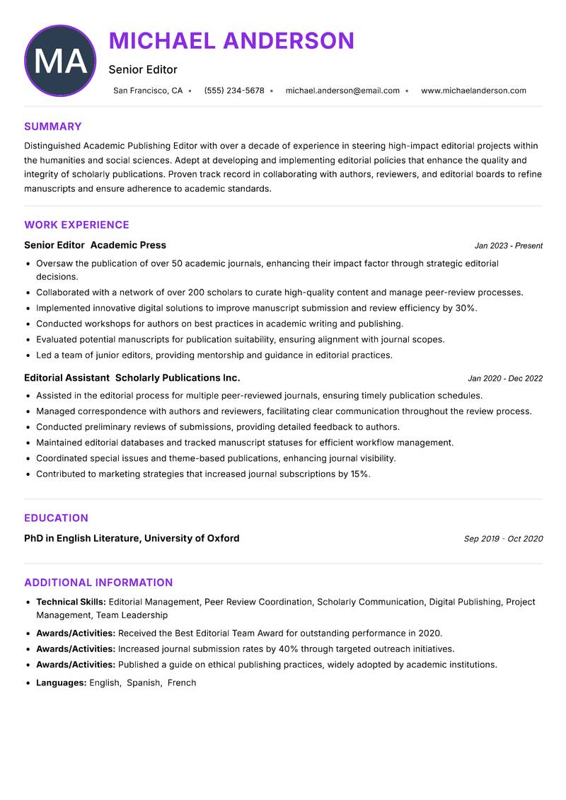 Academic Publishing Editor resume example — Publishing