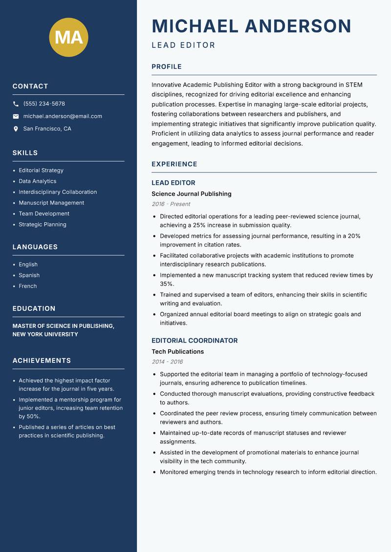 Academic Publishing Editor resume template — Classic Clean