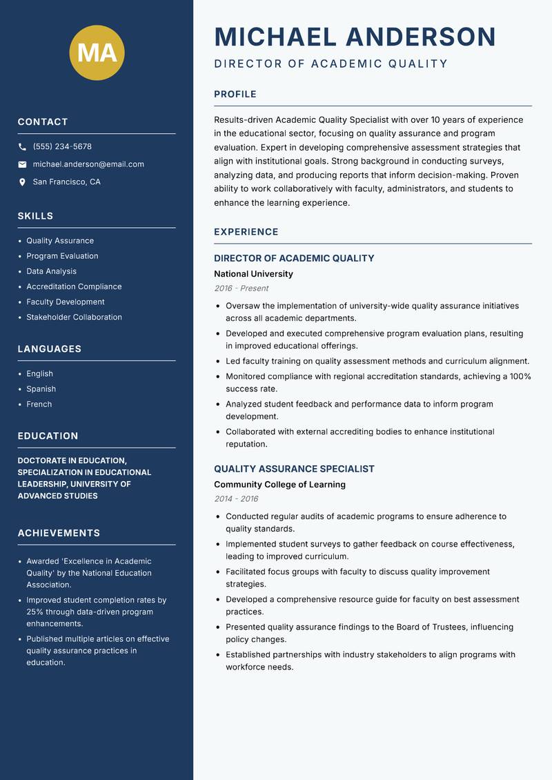 Academic Quality Specialist resume template — Classic Clean