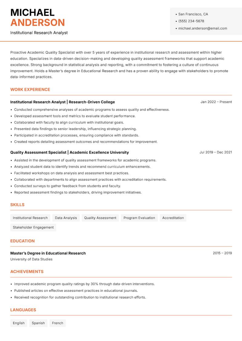 Academic Quality Specialist resume template — Modern Professional