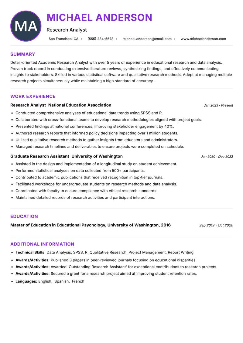 Academic Research Analyst resume example — ATS-friendly template