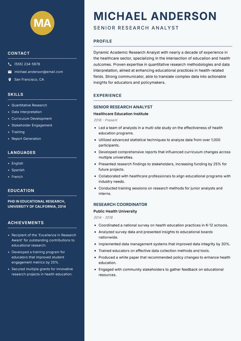 Academic Research Analyst resume template — Classic Clean