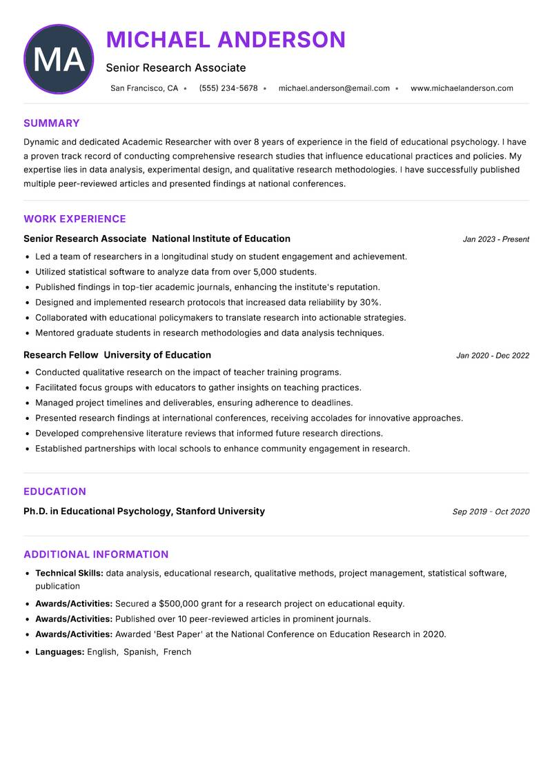 Academic Researcher resume example — ATS-friendly template