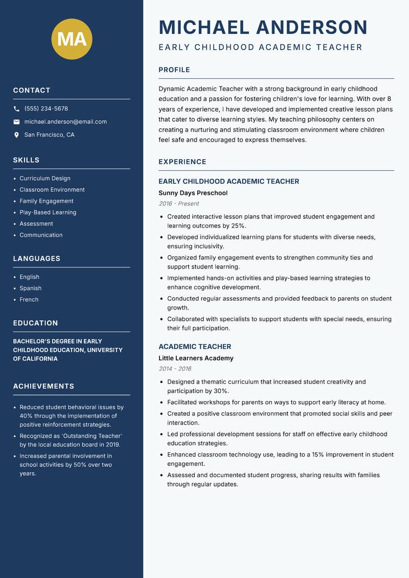 Academic Teacher resume template — Classic Clean
