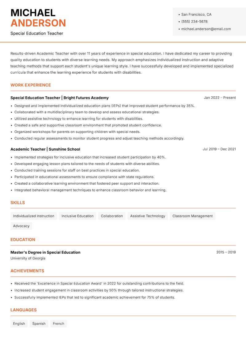 Academic Teacher resume template — Modern Professional