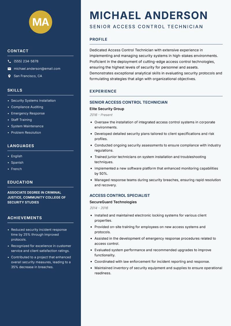 Access Control Technician resume template — Classic Clean