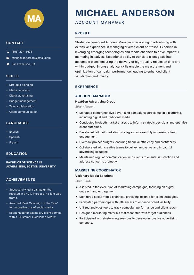 Account Manager Advertising resume template — Classic Clean