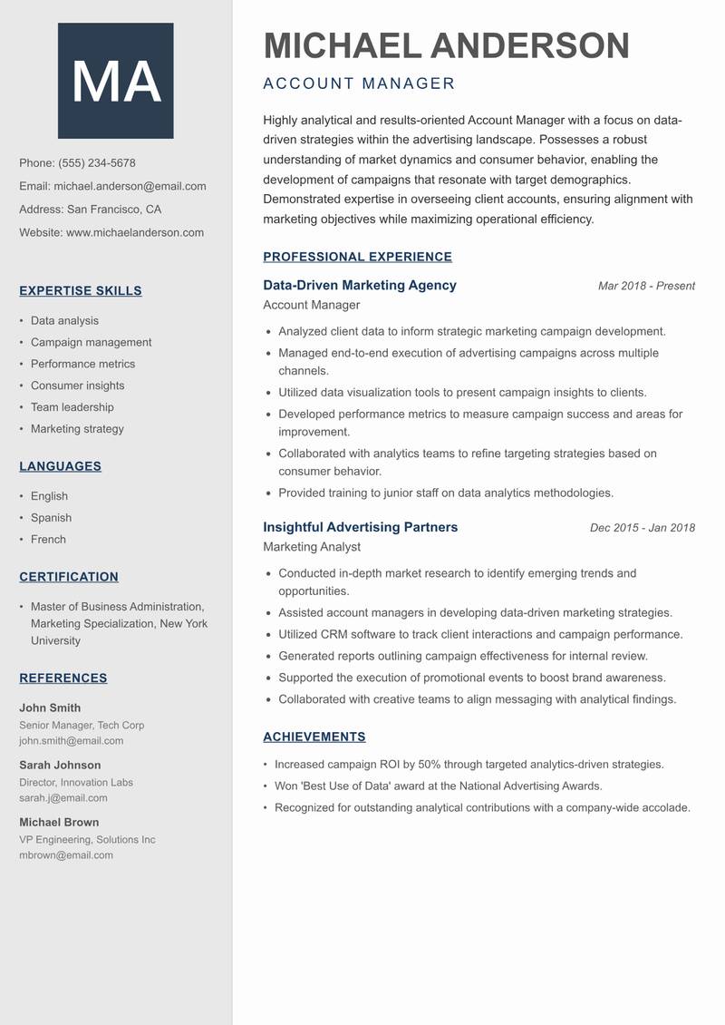 Account Manager Advertising resume template — Creative Minimal