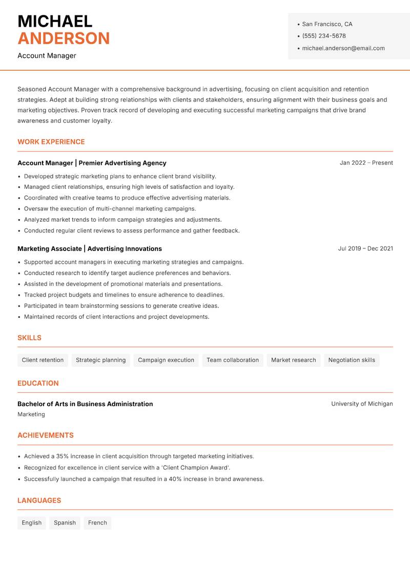 Account Manager Advertising resume template — Modern Professional